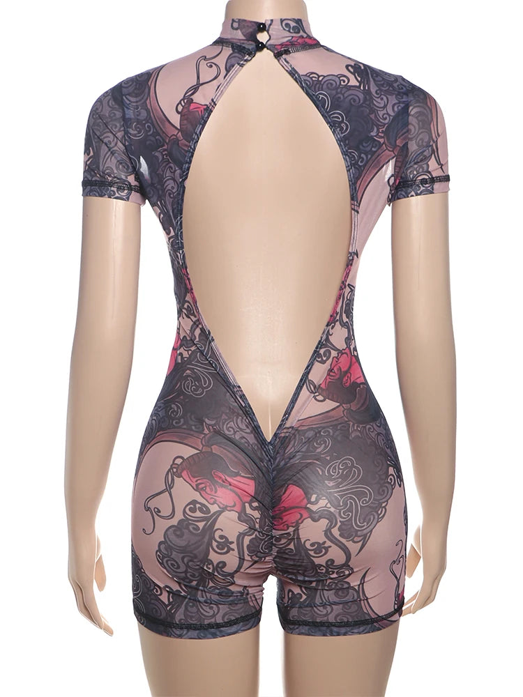 Peach Aesthetic Printed Slim Fit Playsuit