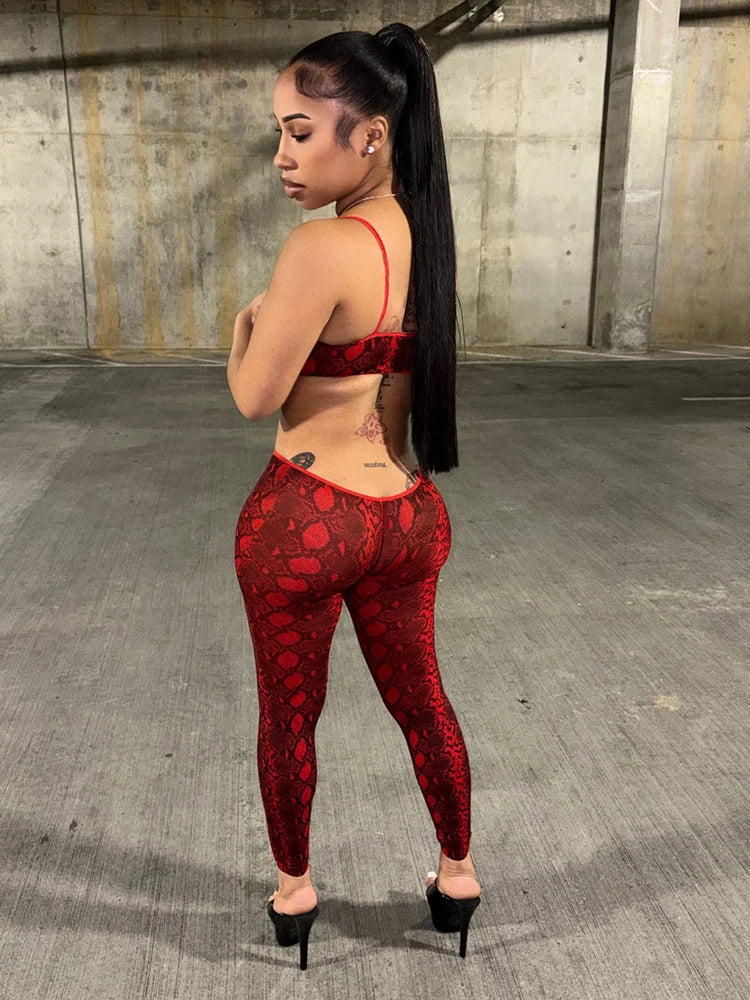 Snake Print Backless Skinny Jumpsuit