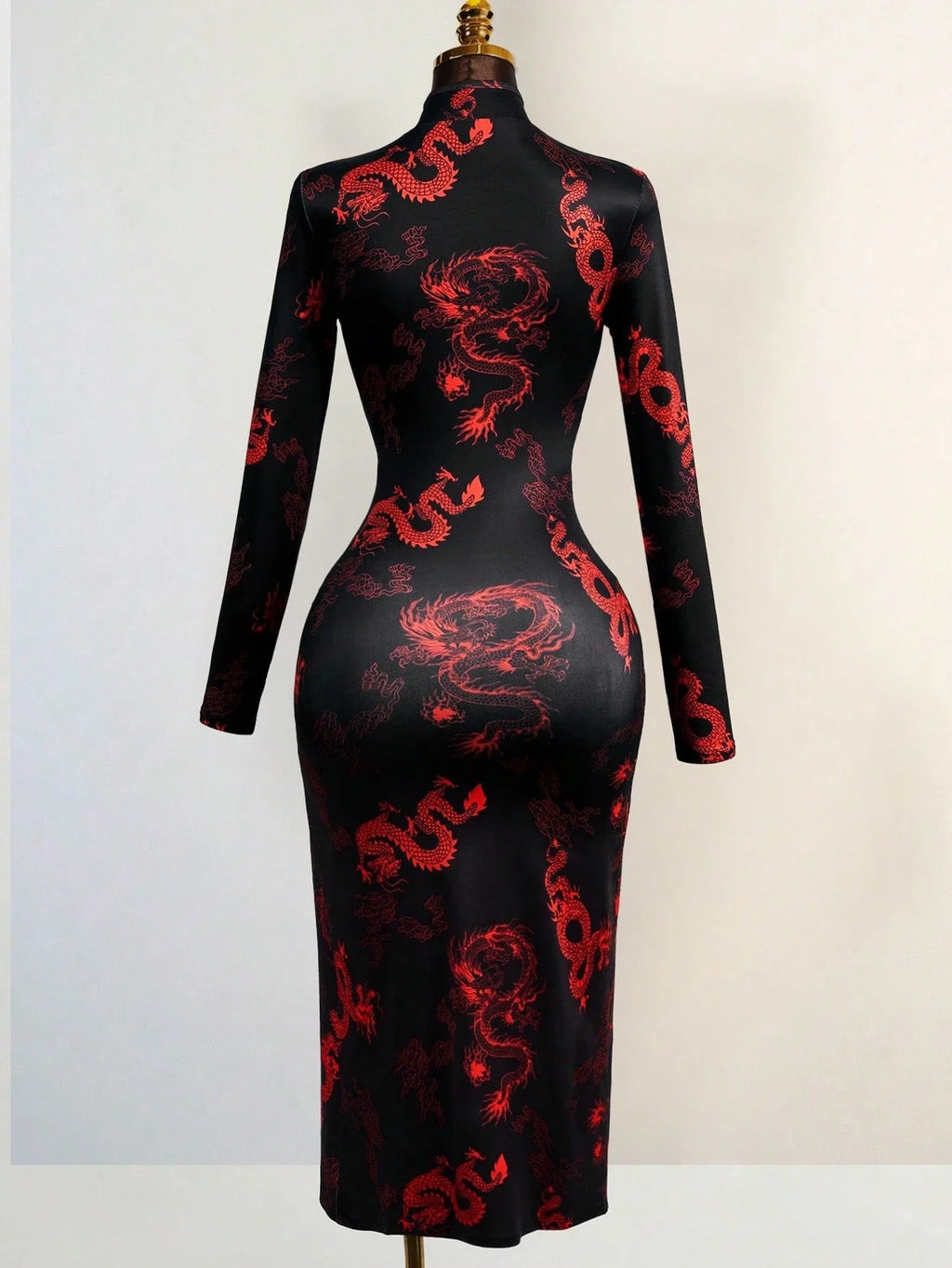 Sexy Hollow Front Stand Collar Dragon Print Cheongsam Style High Slit Maxi Dress