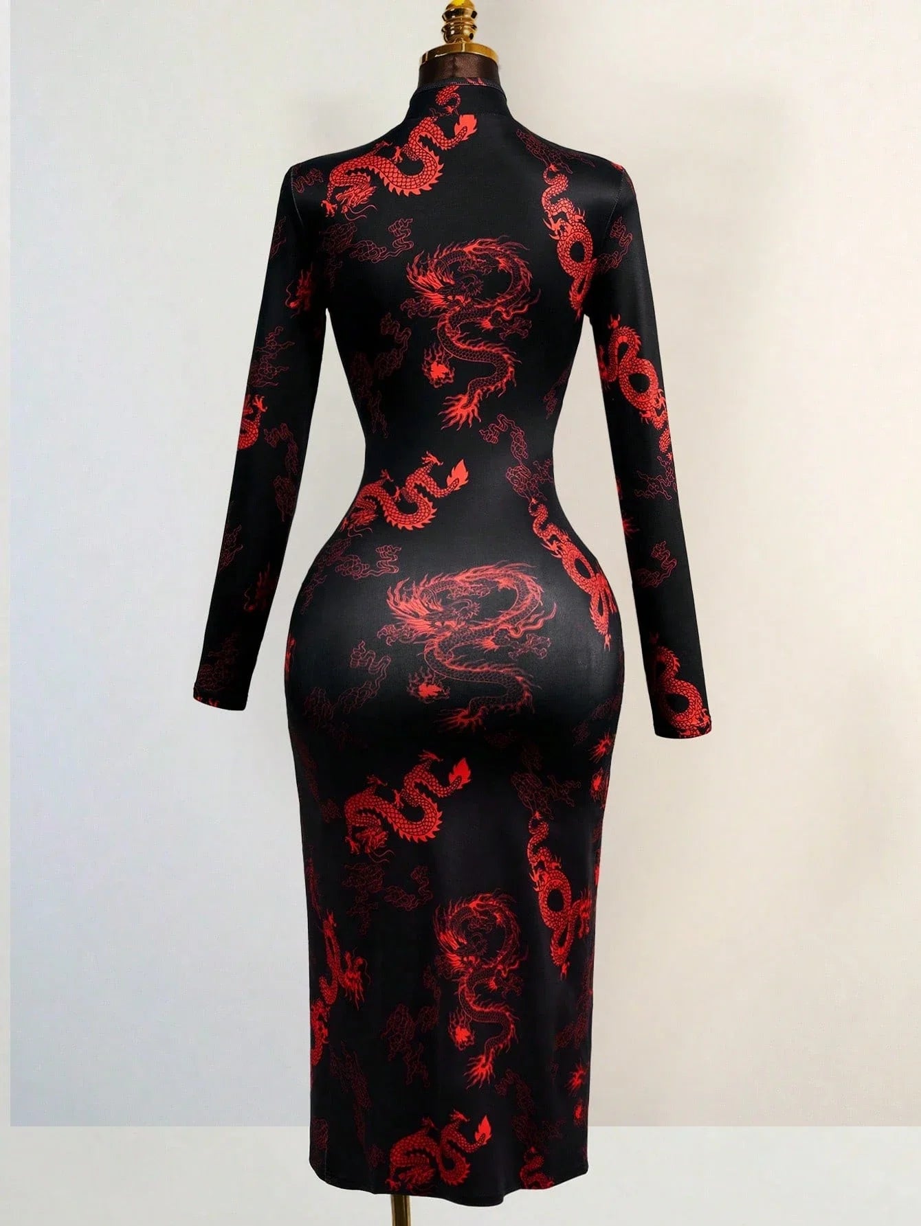Sexy Hollow Front Stand Collar Dragon Print Cheongsam Style High Slit Maxi Dress