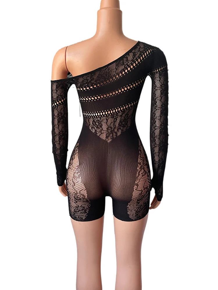 Women’s Off-Shoulder Sheer Romper with Hollow-Out Detail