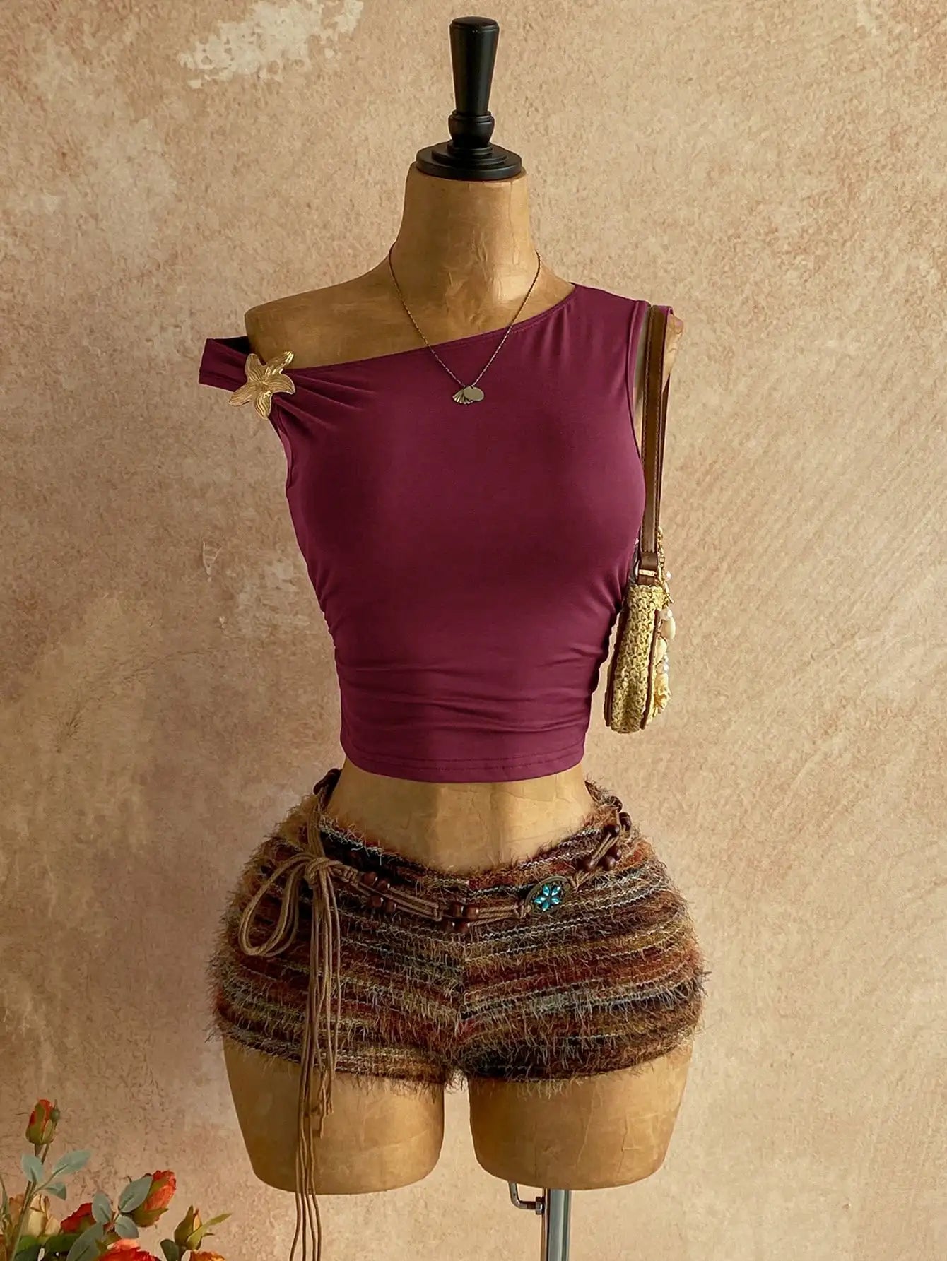 Brown Fuzzy Knit Two-Piece Outfit for Women
