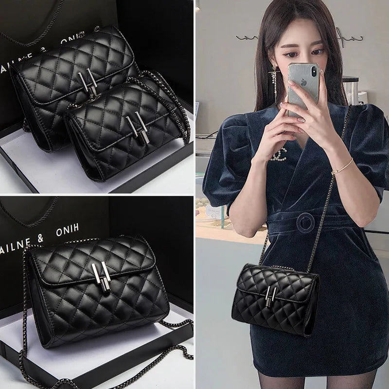 Elegant Quilted Black Women Shoulder Bag, Mini Flap Crossbody Purse with Chain Strap Turn Lock for Party Everyday Evening Bag