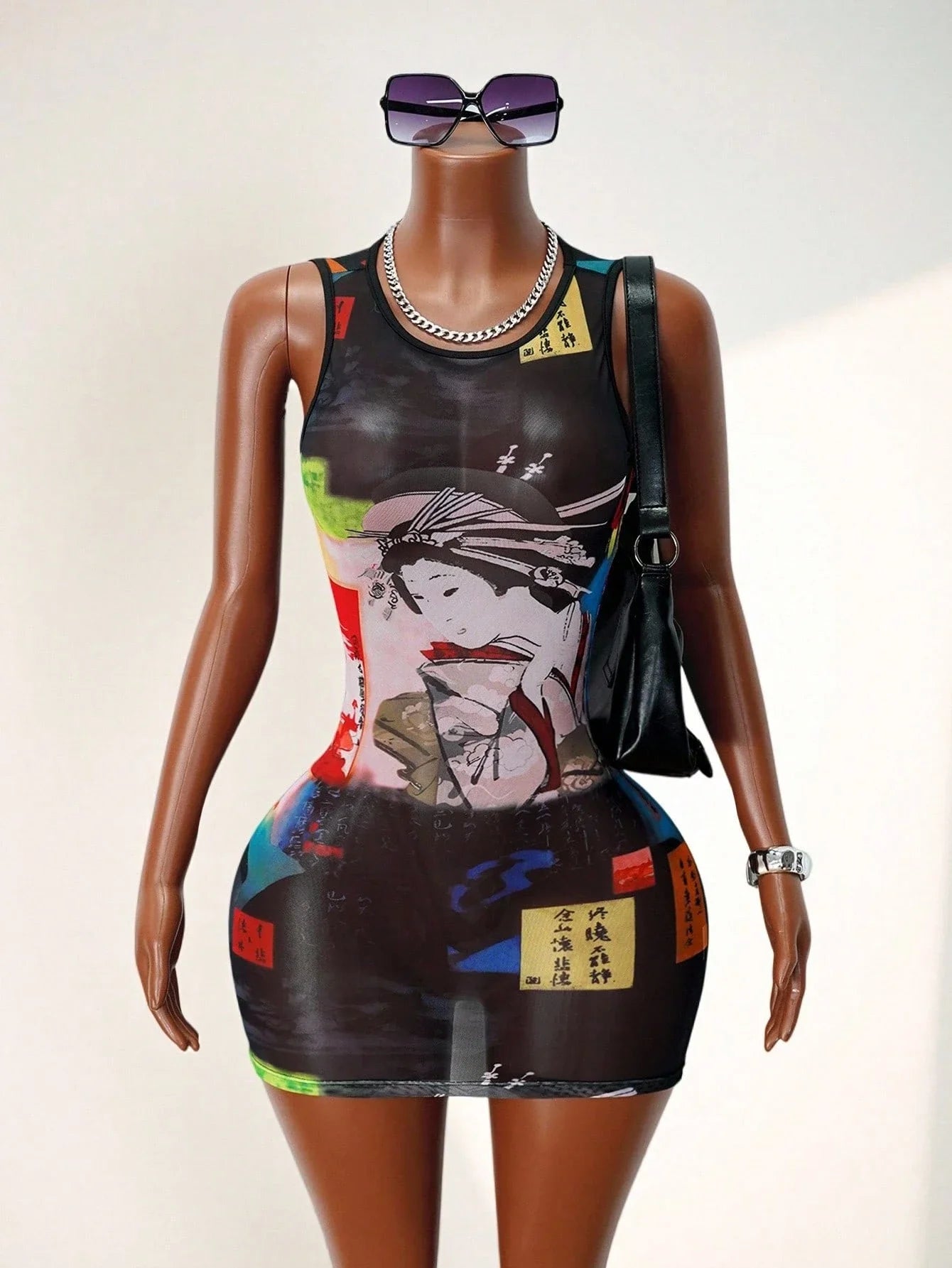 Women's Sheer Mesh Mini Tank Dress Round Neck Sleeveless Bold Print Sexy