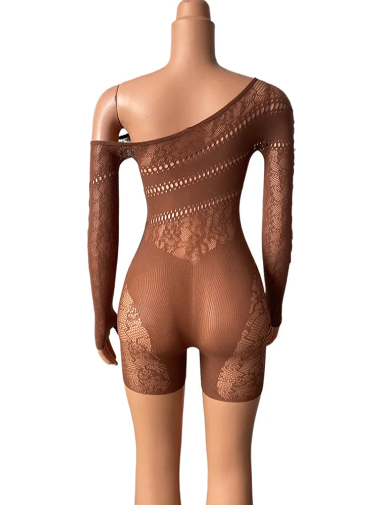 Women’s Off-Shoulder Sheer Romper with Hollow-Out Detail
