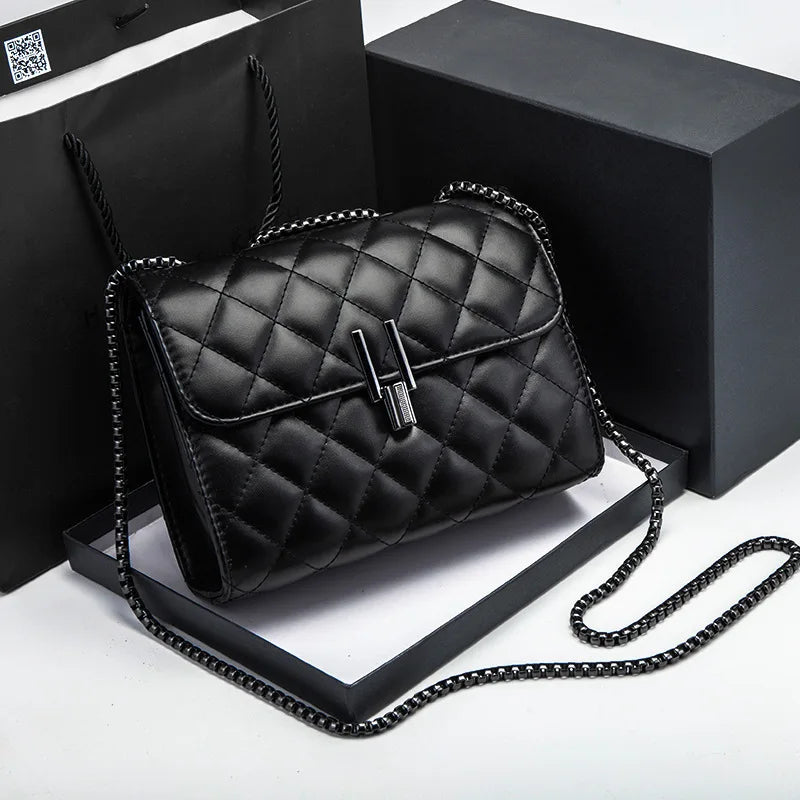 Elegant Quilted Black Women Shoulder Bag, Mini Flap Crossbody Purse with Chain Strap Turn Lock for Party Everyday Evening Bag