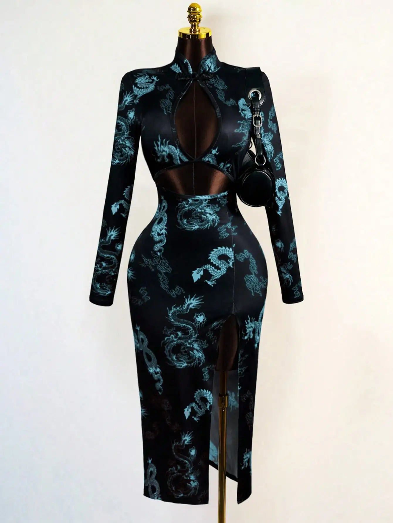 Sexy Hollow Front Stand Collar Dragon Print Cheongsam Style High Slit Maxi Dress