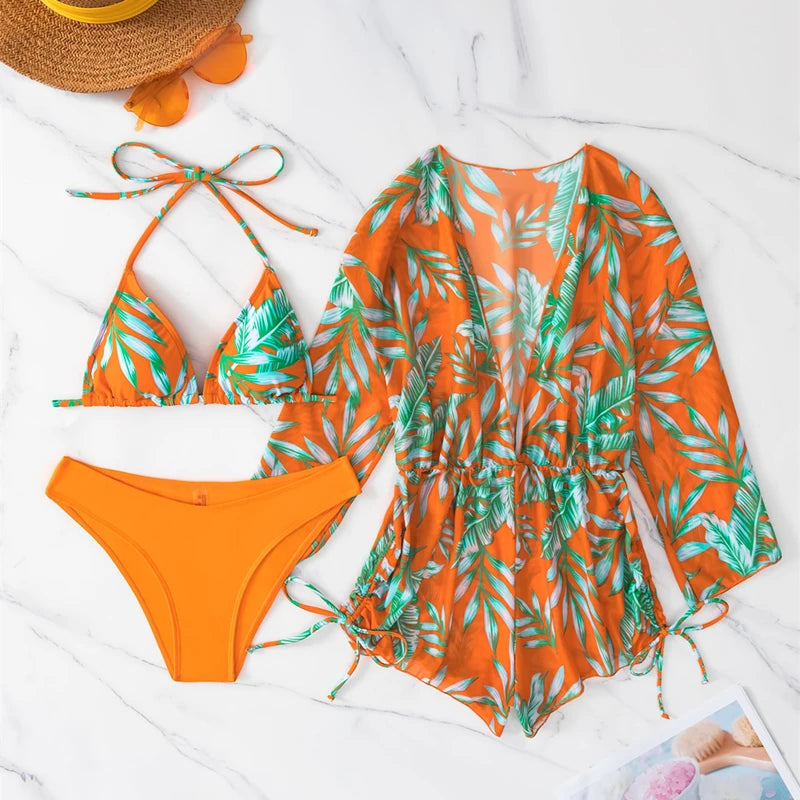 3 Pieces Swimsuit Drawstring Cover-Up Swimwear