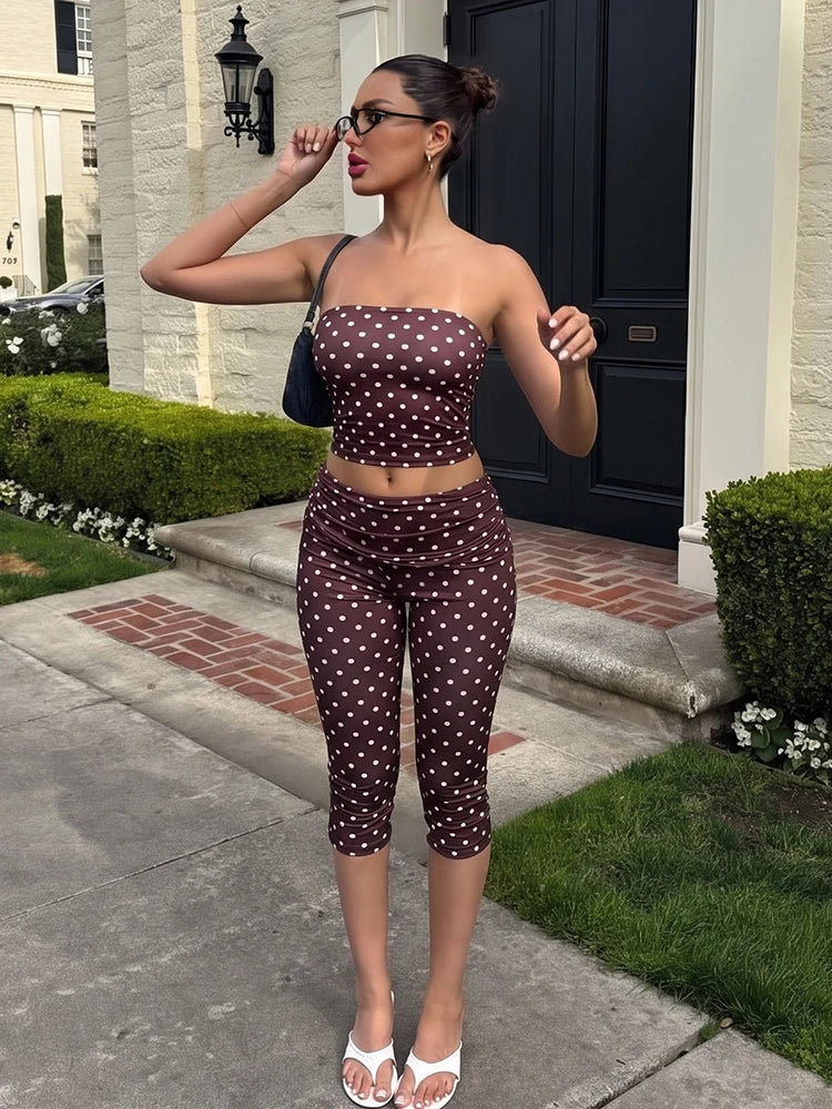 Kliou Polka Dots Print Shorts Suits Woman Sexy Wrap Chest Backless Tube Tops+Skinny Peach Hip Shorts Elegant Style 2 Piece Set