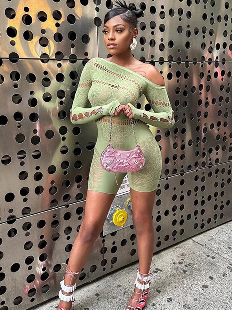 Women’s Off-Shoulder Sheer Romper with Hollow-Out Detail