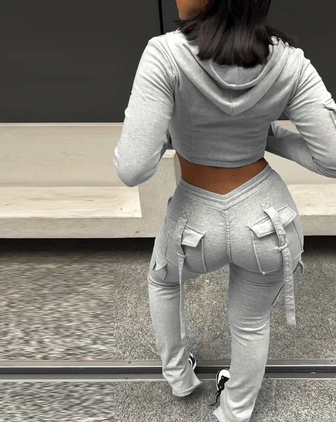 Hooded Zip Crop Top with V-Waist Pants Set