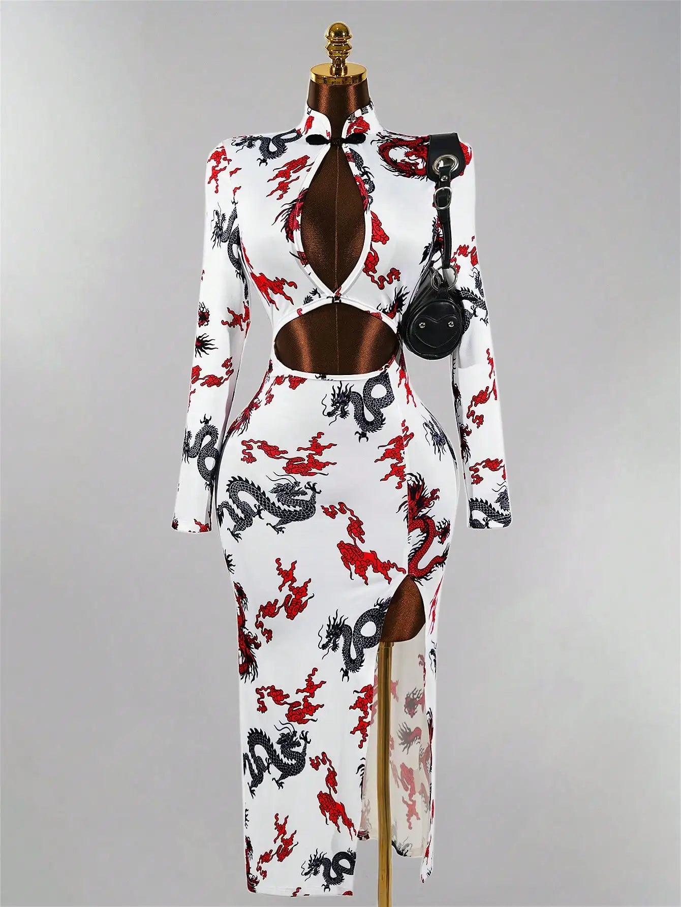 Sexy Hollow Front Stand Collar Dragon Print Cheongsam Style High Slit Maxi Dress
