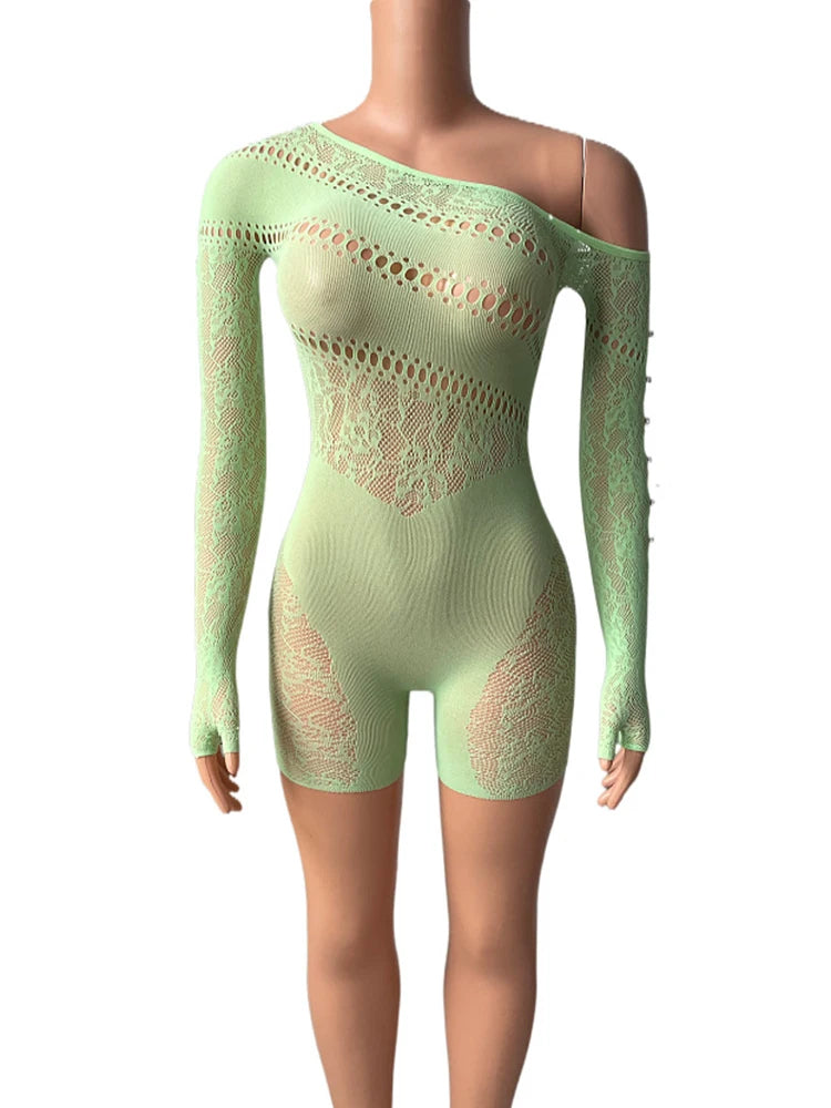 Women’s Off-Shoulder Sheer Romper with Hollow-Out Detail