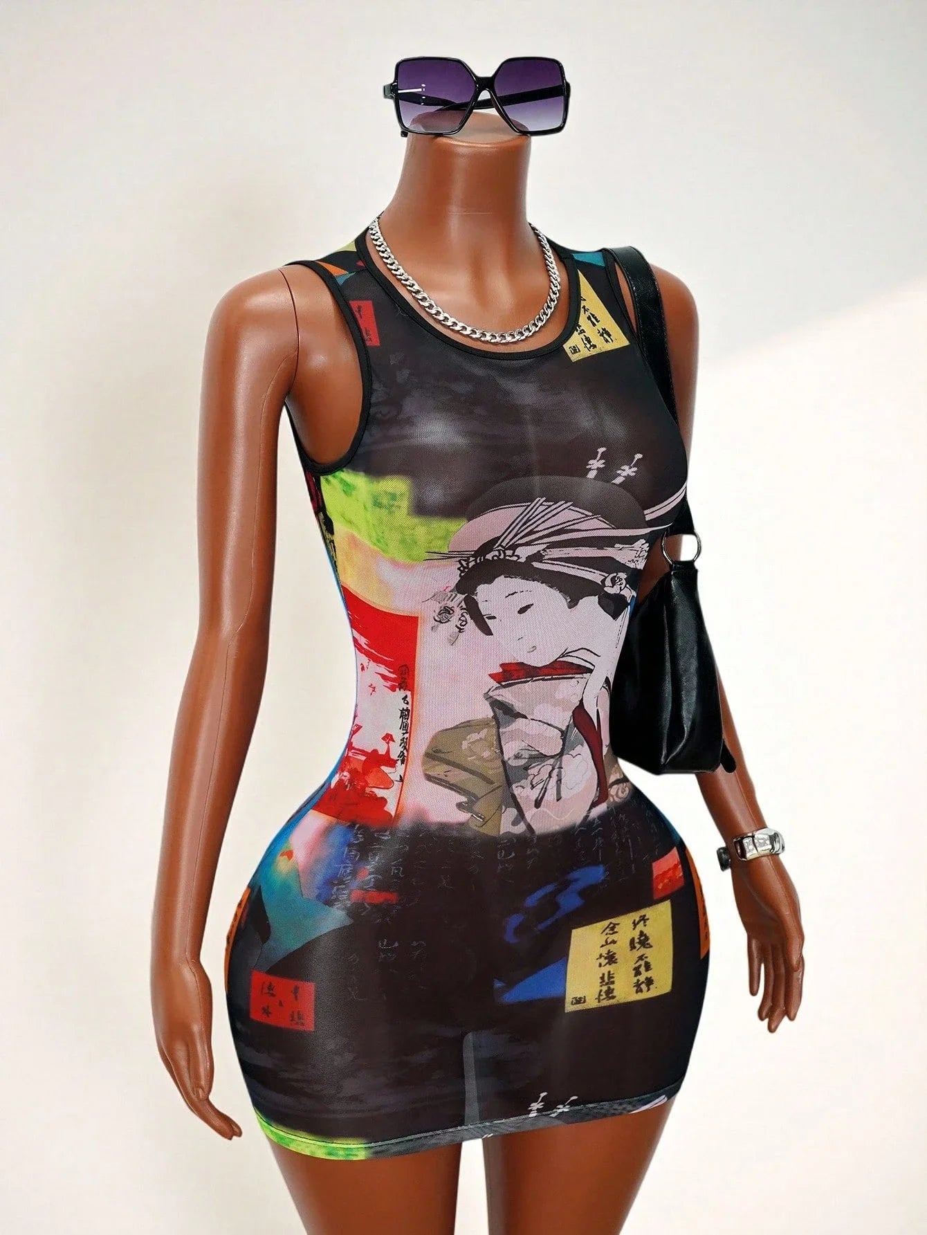 Women's Sheer Mesh Mini Tank Dress Round Neck Sleeveless Bold Print Sexy